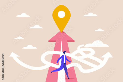 person walking on pink arrow path toward location pin vector illustration graphic direction travel navigation journey wayfinding businessman figure sky clouds straight route