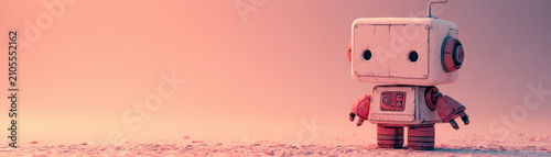 Robot toy cute pink desert sunrise lonely background creative alternative education robot toy stands pink desert sunrise lonely background evokes gentle wonder and creative alternative education
