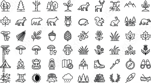 Photography Woodland Wildlife Nature and Outdoor Camping Line Icon Set featuring Forest Tre