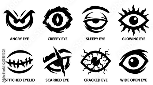 Halloween monster eye icon set. Scary creature eyes for spooky holiday graphic design.