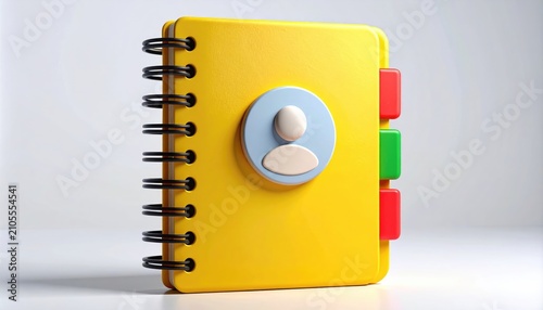 A bright yellow spiral-bound address book with colorful tabs and a profile icon