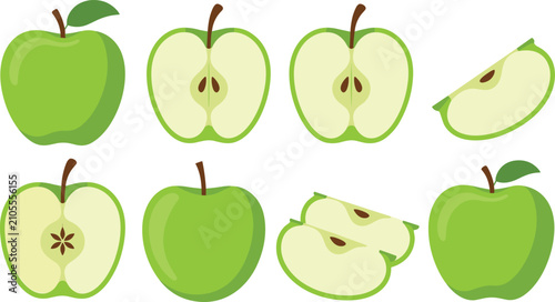 Foto Green apple vector illustration set featuring whole fruits, cut halves with seeds, and fresh slices isolated on white background