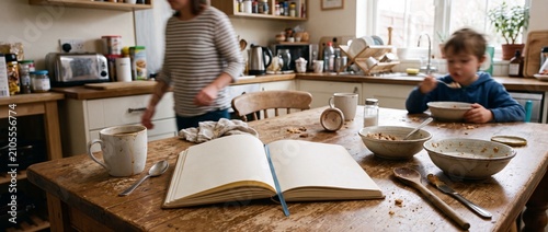 Open blank notebook on rustic wooden table during busy family breakfast with mother and child in cozy home kitchen showing morning routine.
