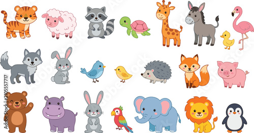 Canvas Print Cute cartoon animals vector set with tiger, lion, elephant, giraffe, bear, fox,