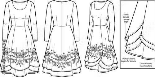 Photos Fashion technical flat sketch of layered hem Christmas dress with floral embroid