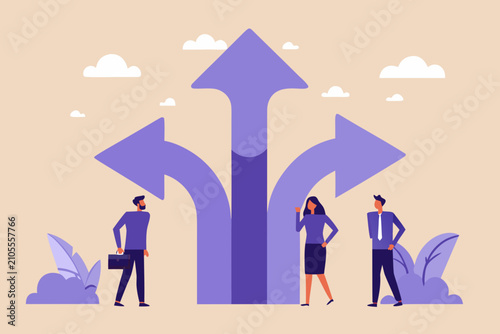 team at decision point in flat vector illustration people choices arrows directions crossroads group collaboration strategy planning design graphic art concept idea business