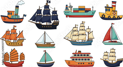 Photos Nautical ships and boats vector illustration set with pirate ship, cargo contain