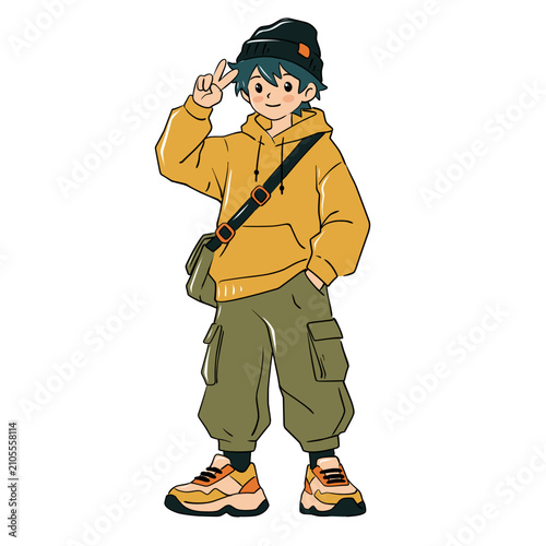 Cute anime boy in streetwear with hoodie, cargo pants, beanie, sneakers, and peace sign. Flat vector illustration isolated on white.