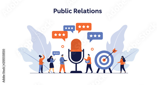 Public relations concept shows people communicating around a large microphone and a target with an arrow for strategic marketing goals.