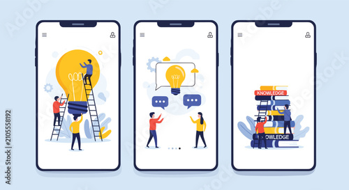 Three smartphones display different stages of the creative process from generating a big idea to gaining knowledge through reading.
