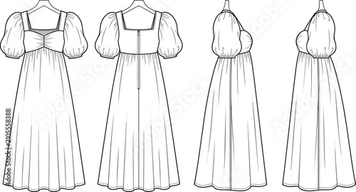 Fotografie Fashion technical flat sketch of puff sleeve empire waist midi dress front back