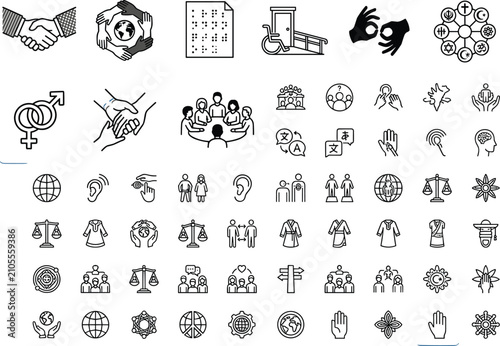 Diversity equity and inclusion symbols line art icons set featuring corporate workplace community culture disability and accessibility doodles.eps
