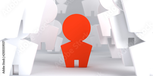Red Human Figure Standing Out Among White Crowd – 3D Illustration of Leadership, Individuality and Diversity
