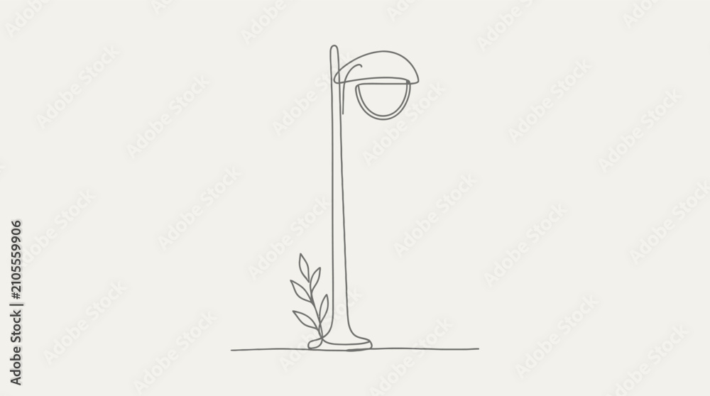Obraz premium Minimalist continuous line drawing of a classic street lamp with a small plant.