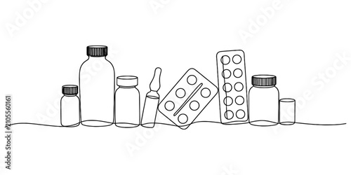 Cuadro en lienzo Continuous line drawing of medicine bottles and pill blister packs for health de