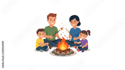 Happy family roasting marshmallows over campfire, outdoor camping fun, illustration