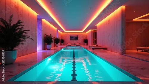Stylish indoor lap pool with neon gradient lighting and marble walls