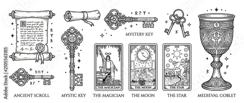 Принти на полотні Esoteric Objects Collection: Keys, Scrolls, Tarot Cards, Goblet