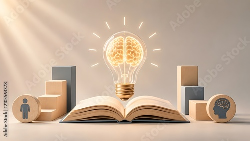 Cognitive development and continuous learning concept featuring glowing brain inside lightbulb over open book with growth steps