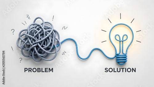 Problem solving and business innovation concept depicting tangled wire transforming into bright lightbulb for strategic solutions