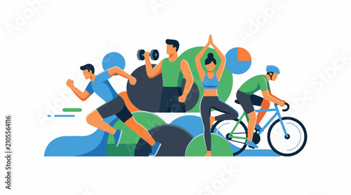 Diverse athletes engaged in running weightlifting yoga and cycling