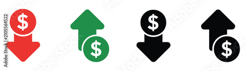 Money increase and decrease icons featuring profit, loss, dollar, cost rising, and financial trend vector illustration