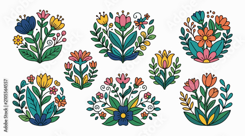 Diverse arrangements of stylized colorful floral bouquets on white