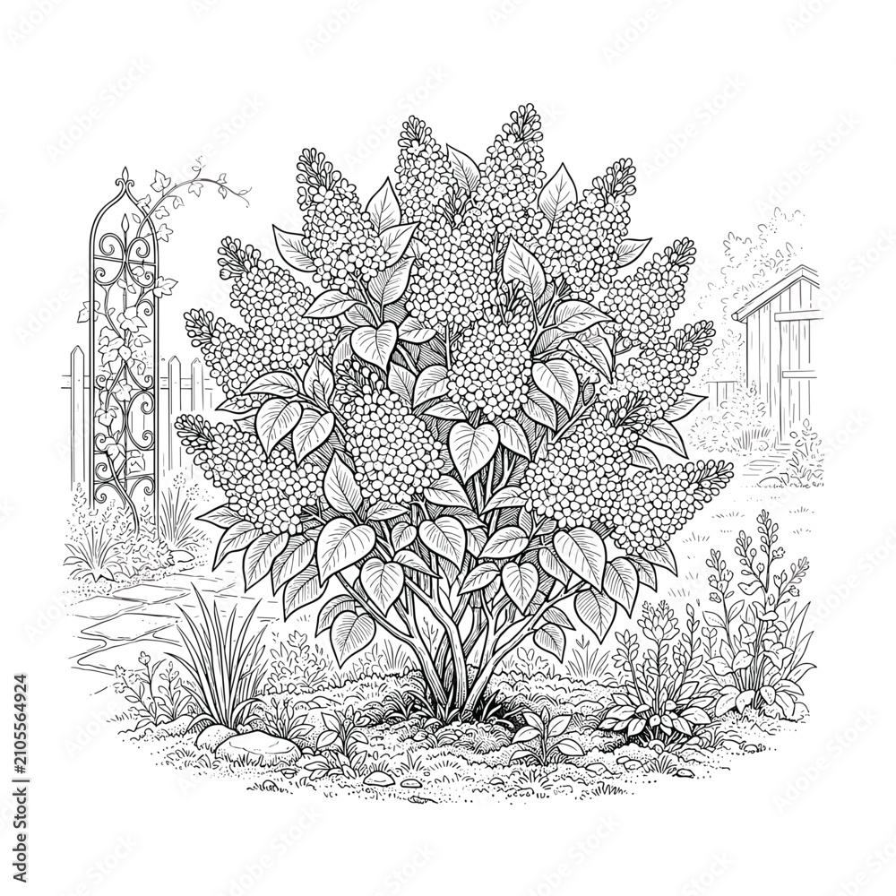 Fototapeta premium Lilac bush in garden setting line art