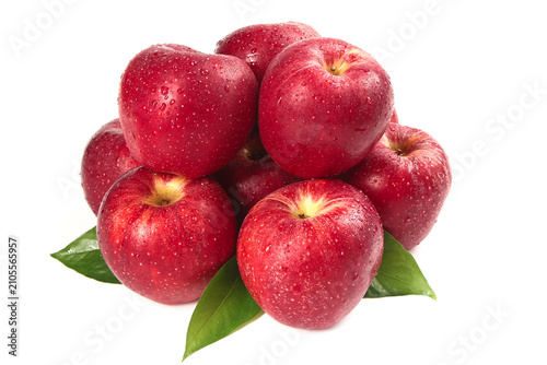Принти на полотні Fresh Red Fuji Apples from Shaanxi Qin Plateau with Water Droplets and Green Lea