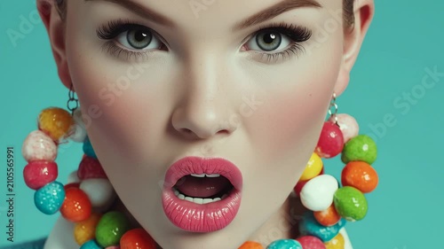 Close up tracking shot of woman model changing facial expressions while wearing colorful candy necklace on teal studio background