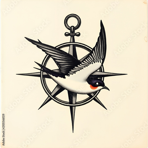 Bird flying with compass design in a vintage tattoo style

