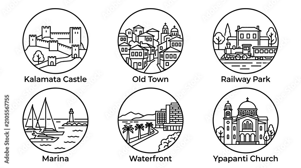 Obraz premium Kalamata Greece landmarks vector line art set with 6 labeled circular icons of Kalamata Castle, Old Town, Railway Park, Marina, Waterfront and Ypapanti Church