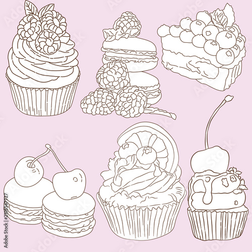 Line art illustrations of desserts for decorating and designing coloring books.