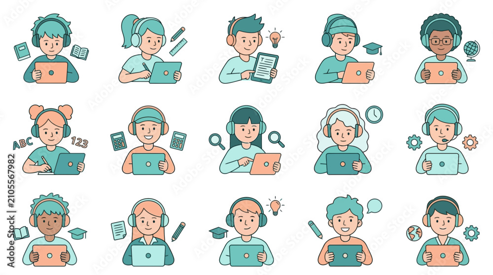 Fototapeta premium Flat vector set of students using tablets for online learning