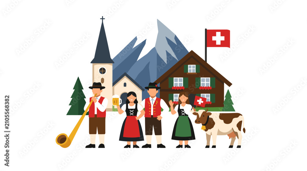 Naklejka premium Group of people in traditional Swiss clothing in alpine setting.