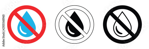 Tableau sur toile Water resistant prohibition, crossed water droplet symbol, liquid exposure caution, device safety warning, protection alert, editable vector, transparent background