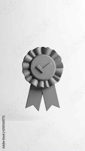 Minimalist gray ribbon award with checkmark, against plain background