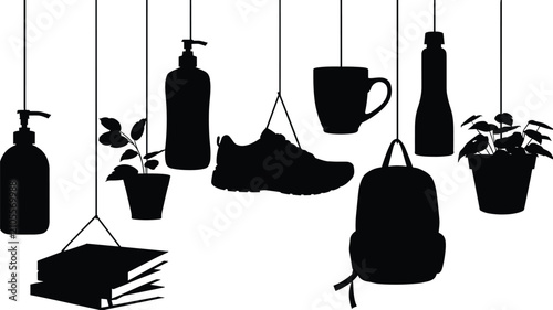 Foto Collection of black silhouette including soap dispensers, potted plants, books,