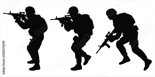 Tableau sur toile Three black silhouette soldiers in tactical gear, aiming assault rifles in dynam