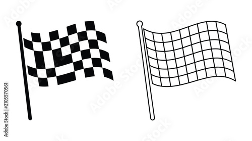 Checkered racing flag and line art version on white background
