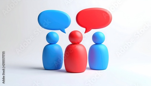 Three simplified figures, two blue, one red, with speech bubbles above