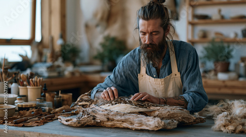 Taxidermist at a large workbench positioning a preserved bird specimen on a driftwood mount, tools and tanning supplies arranged nearby, natural history craft, museum collections,