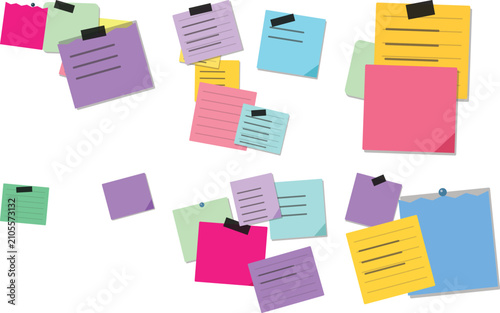 Colorful sticky paper bundle with thumbtacks isolated on transparent background for creative projects