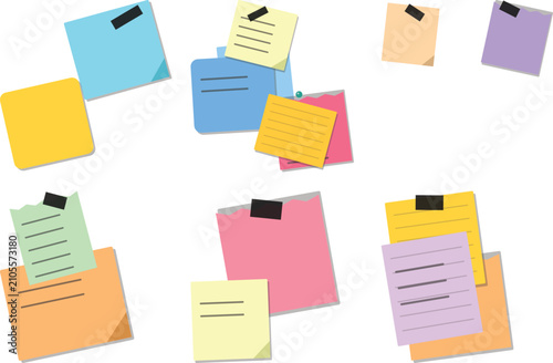 Colorful sticky paper bundle collection isolated on transparent background notes reminders and messages