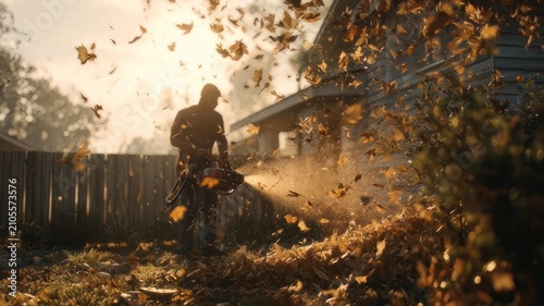 Autumn leaf blower worker clearing backyard garden, professional landscaper using power tool in golden sunset light, fall yard maintenance and seasonal cleanup
