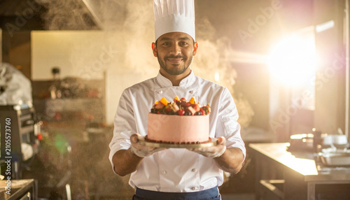 Pastry chef holding cake in warm kitchen, smiling cook presenting dessert with steam and light