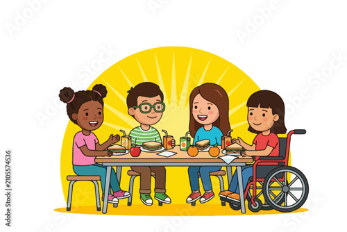 Diverse Children Eating Lunch Together at Table Illustration