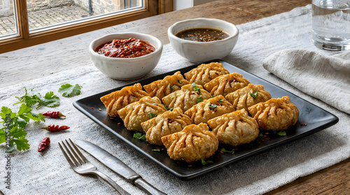 Plate of tasty steamed dumplings served with dipping sauces on a table