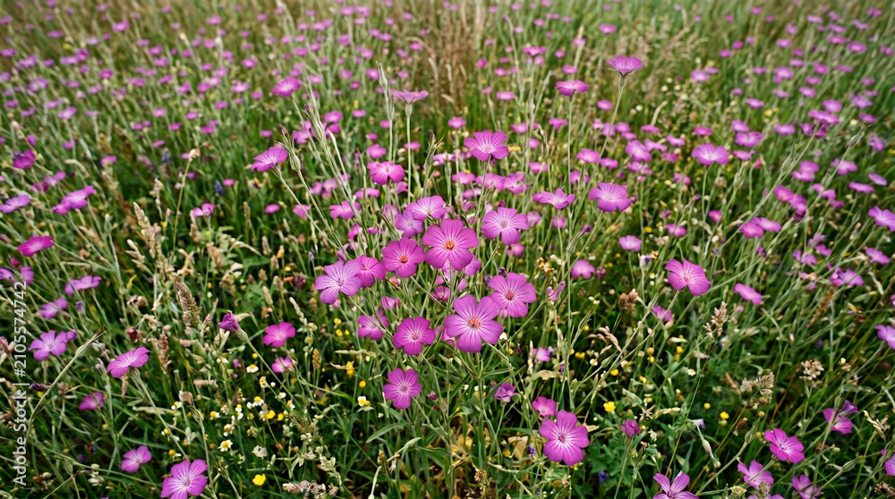 Obraz premium Vibrant purple wildflowers blooming in a lush green meadow captured during a bright summer day