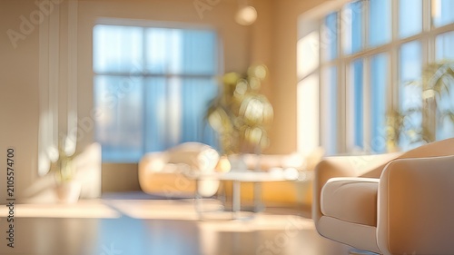 Blurred modern living room interior with warm sunlight, out of focus luxury lounge background, soft bokeh home office space with windows